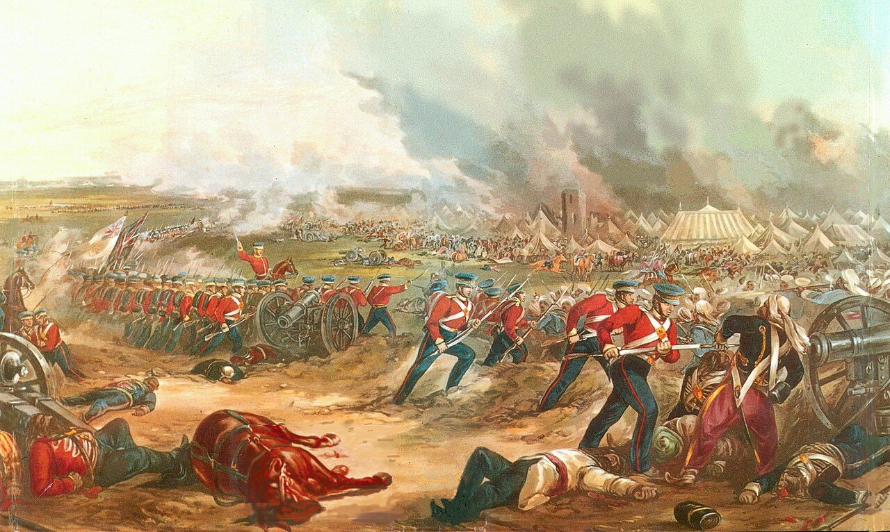 Coloured print of red-coated British troops storming Sikh guns and tents at Ferozeshah