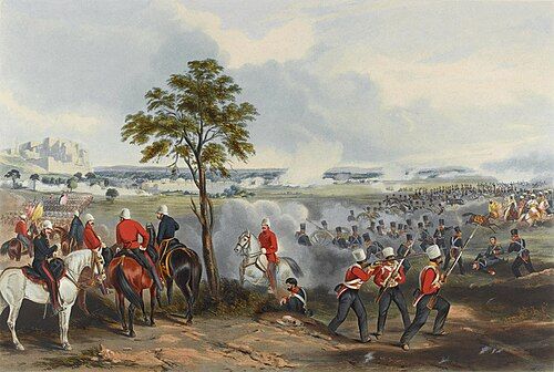 Coloured print of British cavalry and infantry advancing at the Battle of Gujrat