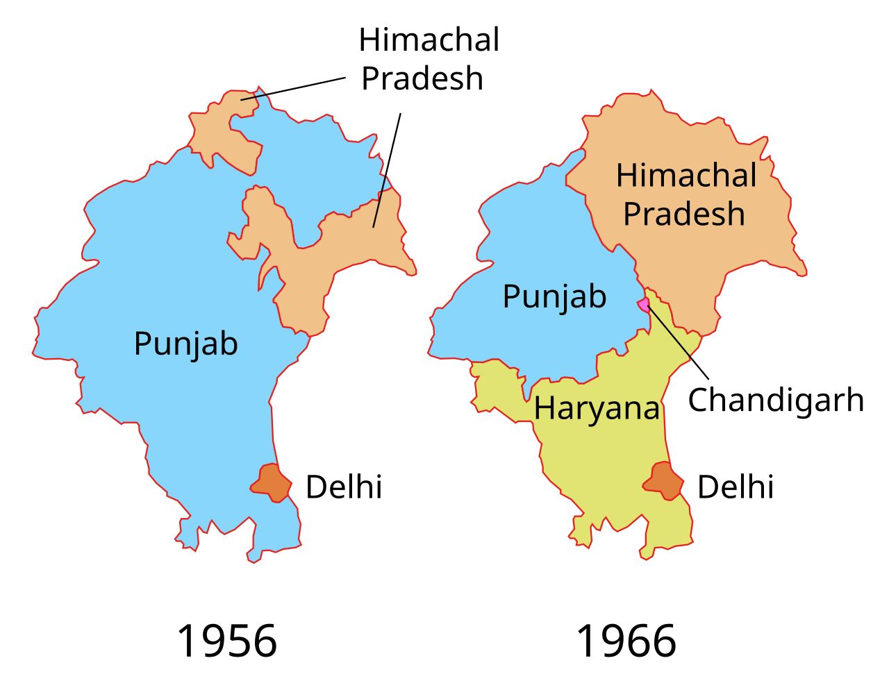 Two maps side by side: Punjab in 1956 as one large state, and in 1966 split into Punjab, Haryana, Himachal Pradesh and Chandigarh