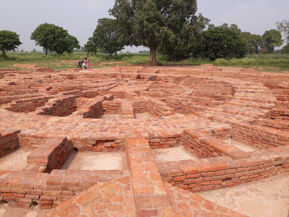 Excavated brick base of the Buddhist stupa at Sanghol