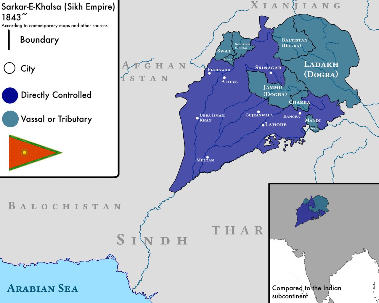 Map of the Sikh Empire around 1843 showing Lahore, Multan, Peshawar, Srinagar and the vassal areas of Jammu and Ladakh