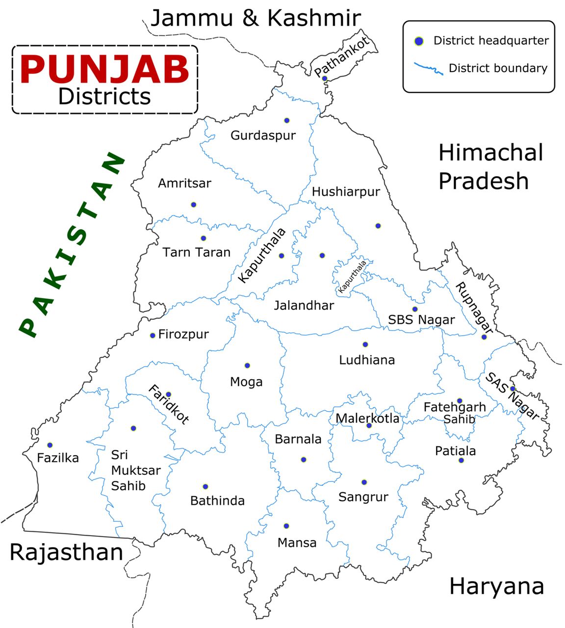 Map of Punjab showing its 23 districts and neighbouring states