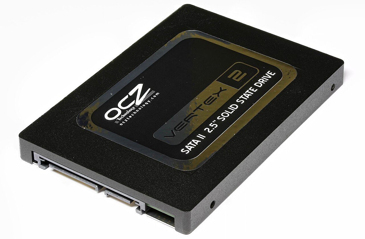A flat black 2.5-inch solid state drive with its connector on one edge